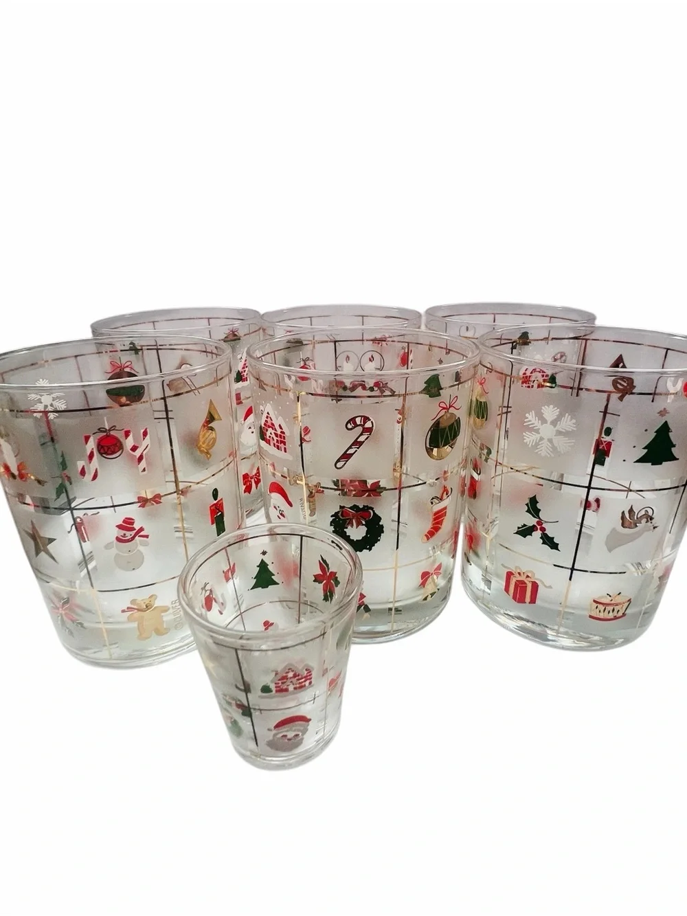 Vintage Culver 'Christmas Potpourri' Collection Set of 6 Glasses 1 Shot Glass
